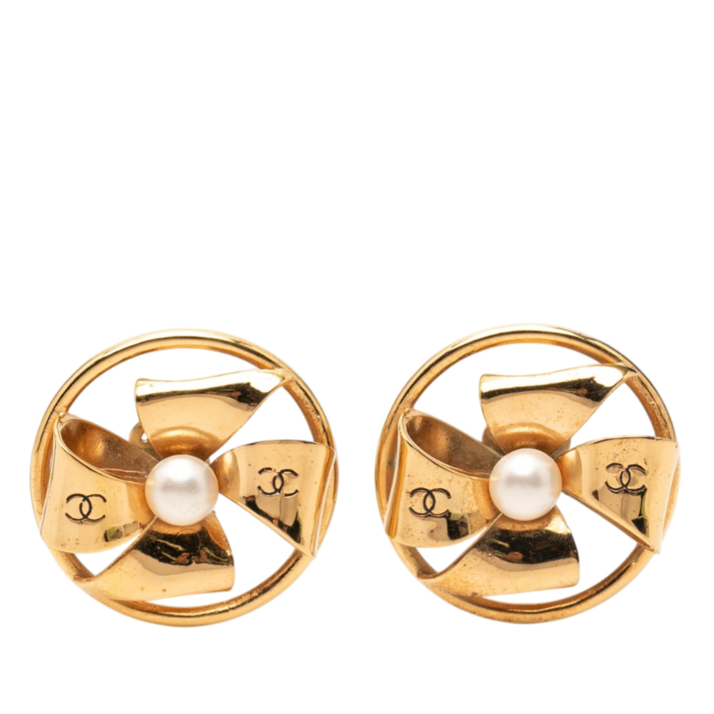 Pre-Loved Chanel CC Gold Plated Faux Pearl Pinwheel Ribbon Clip On Earrings